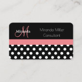 Roze Zwart Wit Polka Dot Monogram Visitekaartje (Voorkant)