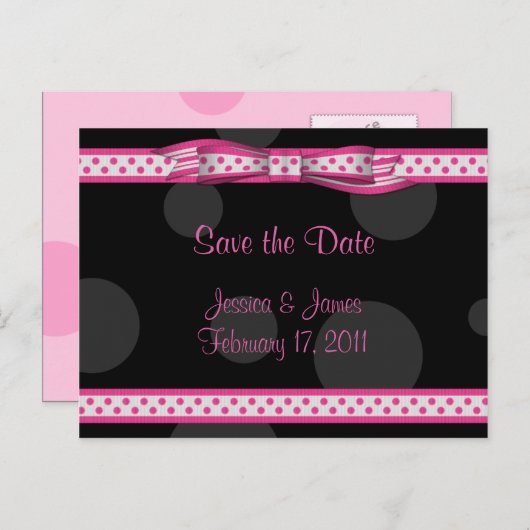 Roze Zwart Wit Polka Dot Save the Date Briefkaart (Voorkant / Achterkant)