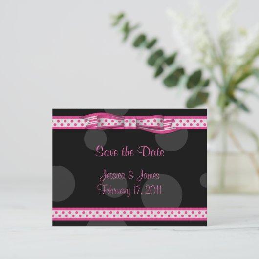 Roze Zwart Wit Polka Dot Save the Date Briefkaart (Staand voorkant)