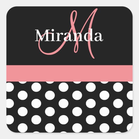 Roze zwart-wit pols-monogram vierkante sticker (Voorkant)