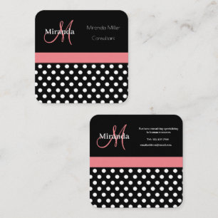 Roze zwart-wit pols-monogram vierkante visitekaartje