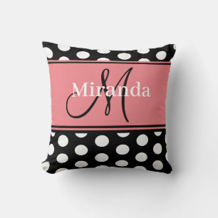 Roze Zwart Wit Stippen Monogram Schrijfletters Kussen