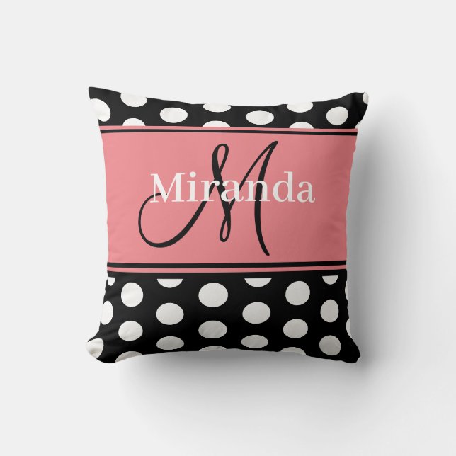 Roze Zwart Wit Stippen Monogram Schrijfletters Kussen (Voorkant)