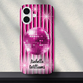 Roze Zwart Wit Streep Disco Bal Sparkle Naam iPhone 16 Hoesje