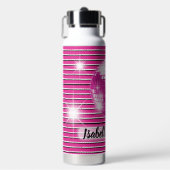 Roze Zwart Wit Streep Disco Bal Sparkle Naam Waterfles (Voorkant)