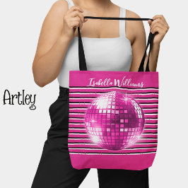 Roze zwart wit strepen disco bal meisjesnaam tote bag