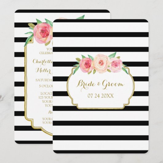 Roze Zwart Wit Strepen Gouden Bruiloft Uitnodiging (Voorkant / Achterkant)