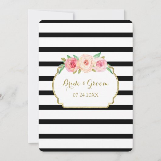 Roze Zwart Wit Strepen Gouden Bruiloft Uitnodiging (Voorkant)