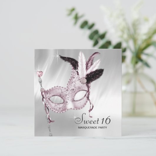 Roze Zwart Wit Sweet 16 Masquerade Party Kaart (Staand voorkant)