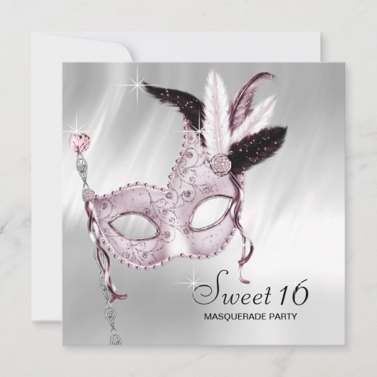 Roze Zwart Wit Sweet 16 Masquerade Party Kaart (Voorkant)