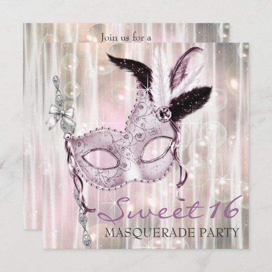 Roze Zwart Wit Sweet 16 Masquerade Party Kaart (Voorkant / Achterkant)