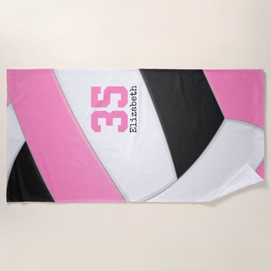Roze Zwart Wit Volleybal Meisjes Sport Custom Strandlaken (Voorkant)