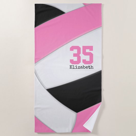 Roze Zwart Wit Volleybal Meisjes Sport Custom Strandlaken (Voorkant)