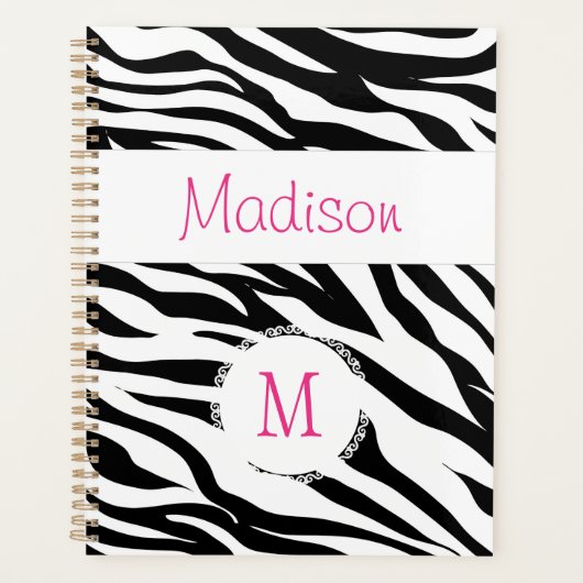 Roze Zwart Wit Zebra Dier Trendy Monogram Planner (Voorkant)