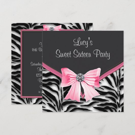 Roze Zwart Wit Zebra Sweet 16 Party Kaart (Voorkant / Achterkant)