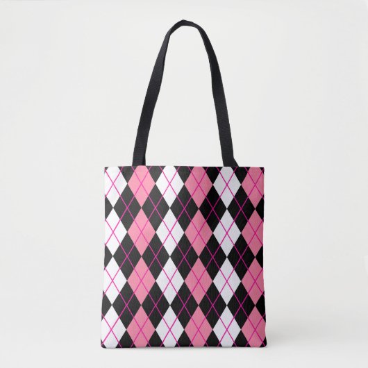 Roze Zwart Witte Argyle Diamant Ontwerp Tote Bag (Voorkant)