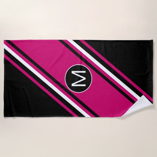 Roze zwart-witte cranberry-monogram strandlaken (Voorkant)