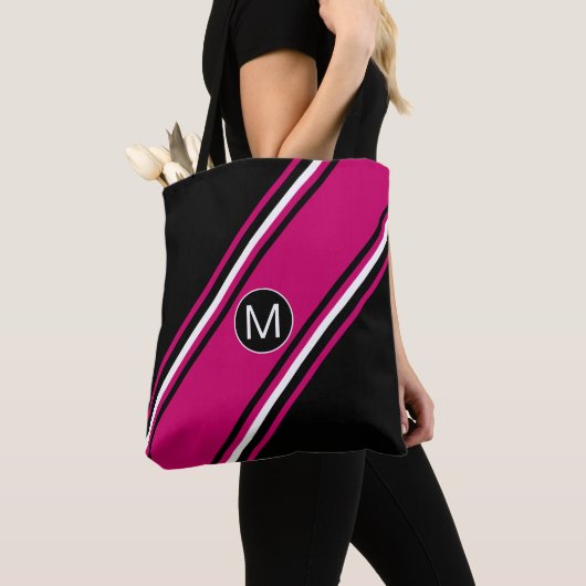 Roze zwart-witte cranberry-monogram tote bag (Dichtbij)