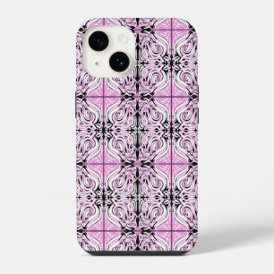 Roze Zwart Witte Gebogen Abstracte Herhalingspatro iPhone 14 Hoesje