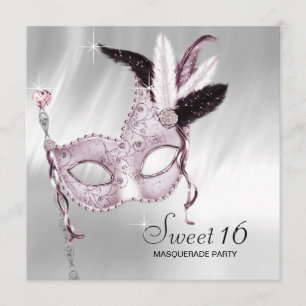 Roze Zwart Witte Sweet 16 Maskerade Feest Kaart