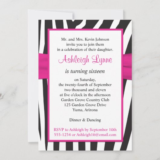 Roze, zwart, witte Zebra 16e verjaardag uitnodigin Kaart (Achterkant)