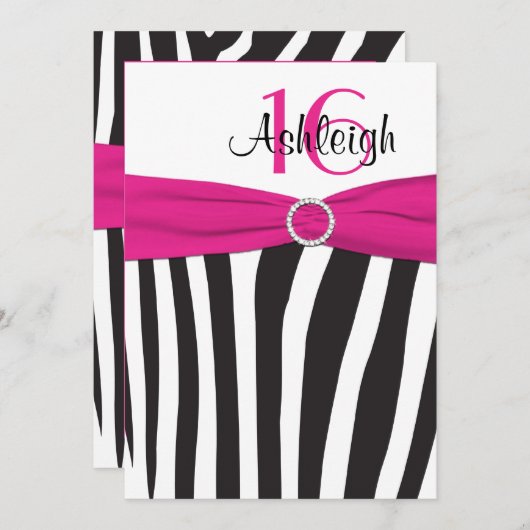 Roze, zwart, witte Zebra 16e verjaardag uitnodigin Kaart (Voorkant / Achterkant)