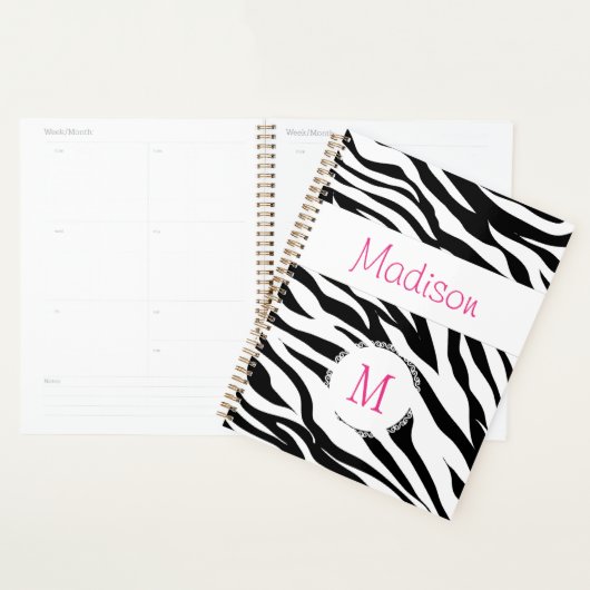 Roze Zwart Witte Zebra Dier Trendy Monogram Planner (Display)