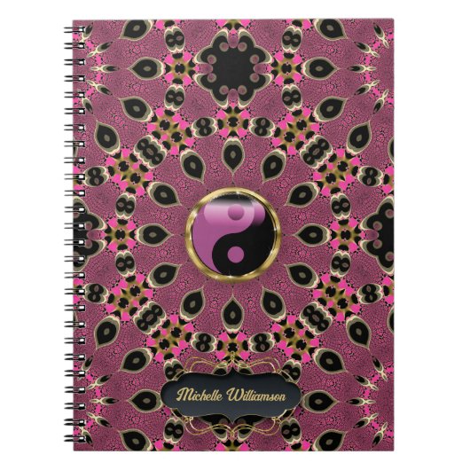 Roze Zwart Yin Yang Peacock Mandala Custom Notitieboek (Voorkant)