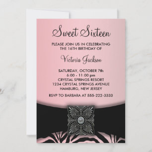 Roze Zwart Zebra Sweet Sixteen Feestje Kaart