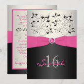 Roze zwart, zilver, bedrukt lint, gezoet 16 Invite Kaart (Voorkant / Achterkant)