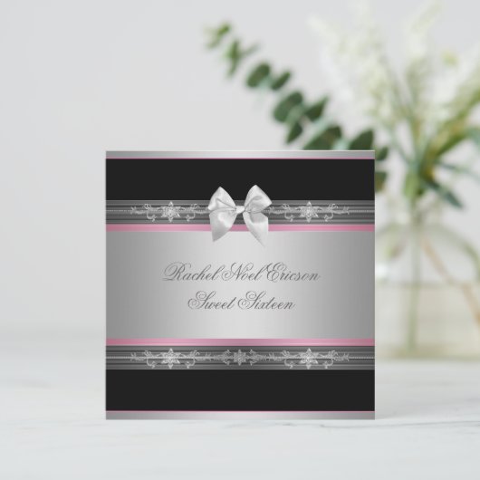 Roze Zwart Zilver Elegant Sweet Sixteen Kaart (Staand voorkant)