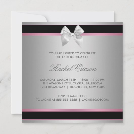 Roze Zwart Zilver Elegant Sweet Sixteen Kaart (Achterkant)