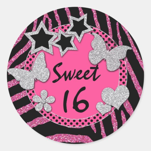 Roze Zwart Zilver FAUX Glitter Sweet 16 Sticker (Voorkant)
