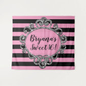 Roze Zwart Zilver Gestreepte Verjaardagsfeest Acht Wandkleed (Voorkant (horizontaal))