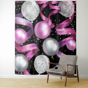 Roze Zwart Zilver Glitter Ballonnen Feest Achtergr Wandkleed