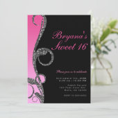 Roze Zwart Zilver Glitter Draai Sweet 16 Feest Kaart (Staand voorkant)