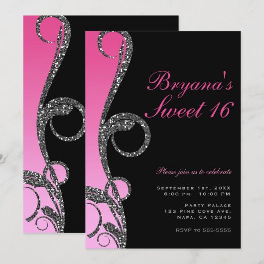 Roze Zwart Zilver Glitter Draai Sweet 16 Feest Kaart (Voorkant / Achterkant)