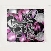 Roze Zwart Zilver Glitter Sweet 16 Feest Achtergro Wandkleed (Voorkant (horizontaal))