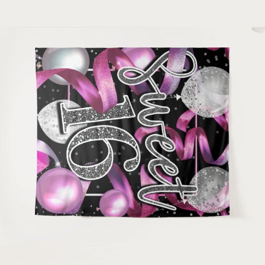 Roze Zwart Zilver Glitter Sweet 16 Feest Achtergro Wandkleed (Voorkant (horizontaal))