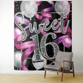 Roze Zwart Zilver Glitter Sweet 16 Feest Achtergro Wandkleed (In situ)