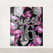 Roze Zwart Zilver Glitter Sweet 16 Feest Achtergro Wandkleed (Voorkant)