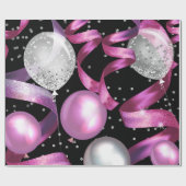 Roze Zwart Zilver Glitter Sweet 16 Verjaardagsfees Cadeaupapier (Vlak)