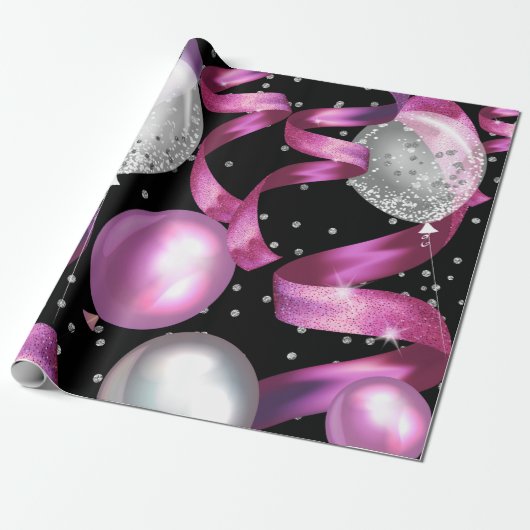 Roze Zwart Zilver Glitter Sweet 16 Verjaardagsfees Cadeaupapier (Uitgerold)