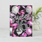 Roze Zwart Zilver Glitter Sweet 16 Verjaardagsfees Kaart (Staand voorkant)