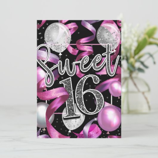 Roze Zwart Zilver Glitter Sweet 16 Verjaardagsfees Kaart (Staand voorkant)