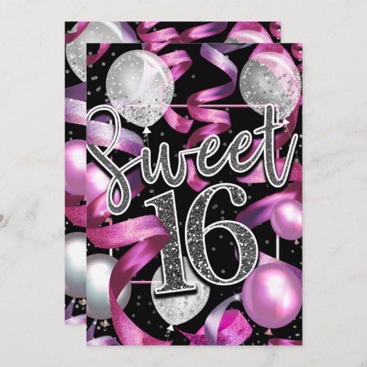 Roze Zwart Zilver Glitter Sweet 16 Verjaardagsfees Kaart (Voorkant / Achterkant)