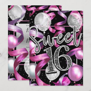 Roze Zwart Zilver Glitter Sweet 16 Verjaardagsfees Kaart
