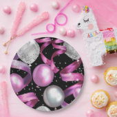 Roze Zwart Zilver Glitter Sweet 16 Verjaardagsfees Papieren Bordje (Feest)
