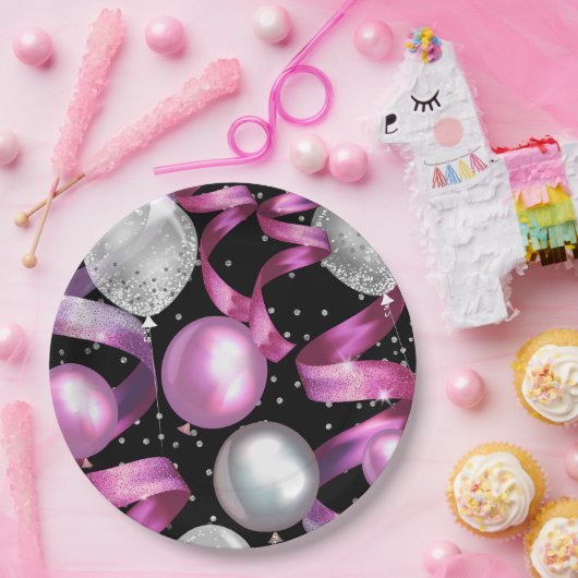 Roze Zwart Zilver Glitter Sweet 16 Verjaardagsfees Papieren Bordje (Feest)