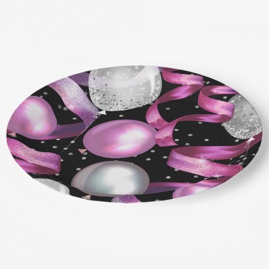 Roze Zwart Zilver Glitter Sweet 16 Verjaardagsfees Papieren Bordje (Gekanteld)